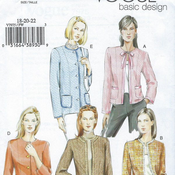 Uncut vogue sewing pattern 970 7975 Classic Women’s Couture Collarless Jacket Wool Boucle Jacket  Princess Seams size 12-14-16 18-20-22 FF