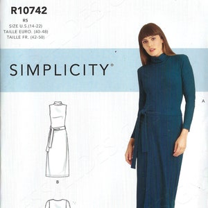 May include: Sewing pattern for a dress with a turtleneck, long sleeves, and a tie belt. The pattern includes three different styles: a sleeveless dress, a long-sleeved dress with a tie belt, and a long-sleeved dress with a tie belt and a flared skirt. The pattern is for sizes UK 12-20.