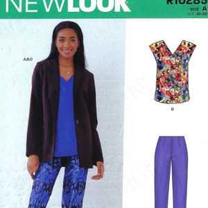 Peut inclure: Un patron de couture pour une tenue féminine, comprenant une veste noire, un haut bleu et un pantalon bleu avec des fentes en bas. Le patron est de New Look et est de taille A, FR 36-46. Le numéro du patron est R10285.