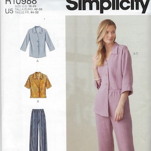 May include: A sewing pattern for a women's top and trousers set. The pattern includes a long-sleeved top with a collar and button fastening, a short-sleeved top with a collar and button fastening, trousers with a wide leg, and shorts. The pattern is for sizes 16-24.