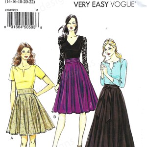 May include: A sewing pattern for three different skirts. The first skirt is a brown and gold floral print, the second is a purple skirt, and the third is a black skirt. The pattern is for sizes 14-16-18-20-22. The pattern is called "Very Easy Vogue" and the pattern number is R10409.