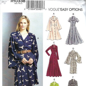 May include: A sewing pattern for a dress with six different variations. The pattern includes a long-sleeved dress with a collar, a short-sleeved dress with a collar, a long-sleeved dress with a collar and a flared skirt, a long-sleeved dress with a collar and a gathered skirt, a short-sleeved dress with a collar and a fitted skirt, and a long-sleeved dress with a collar and a plaid skirt. The pattern is called "Vogue Easy Options" and is for A, B, C, D cup sizes.