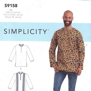 May include: A sewing pattern for a long-sleeved shirt with a mandarin collar. The pattern includes four different variations, with one featuring a printed fabric. The pattern is for sizes US 34-42, Euro 44-52, and French 44-52. The pattern is called Simplicity S9158.