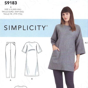 Könnte beinhalten: Schnittmuster für ein Tunika-Oberteil, eine Hose und ein Kleid. Das Schnittmuster ist für die Größen XXS-XXL. Das Schnittmuster ist von Simplicity.
