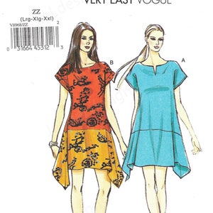 May include: Vogue Very Easy sewing pattern V8968 featuring two short-sleeved dresses. One dress is orange and yellow with a black pattern, the other is turquoise. The pattern includes sizes Lrg-XXL.