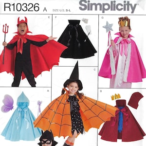 May include: A sewing pattern for making ten different children's costumes. The pattern includes a devil, a magician, a princess, a witch, a spider, a fairy, a bat, and a superhero. The pattern is for sizes S-L.