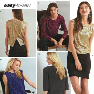 May include: Simplicity sewing pattern D0544 A easy-to-sew for tops with a variety of styles, including a sleeveless sequined top, a long-sleeved top with a floral pattern, a sleeveless lace top, and a long-sleeved top with a solid color. The pattern includes instructions for sizes XXS-XXL.