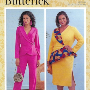 Könnte beinhalten: Ein Schnittmuster mit zwei Frauen in verschiedenen Outfits. Eine trägt einen pinkfarbenen Hosenanzug, die andere ein gelbes Kleid mit einem farbenfrohen Muster. Das Schnittmuster ist mit "Butterick" gekennzeichnet und hat die Modellnummer R10562.