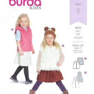 May include: A sewing pattern for a child's vest with a hood. The pattern is for sizes 2-7 and includes seam and hem allowances. The pattern is illustrated with two children wearing the vest.