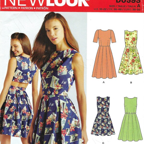 Patrón de costura New Look sin cortar 593 6508 Patrón nuevo sin cortar 10-22 Vestido corto adorable para mujer Tendencia FF