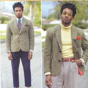 May include: A sewing pattern for a blazer in a green and brown tweed fabric. The pattern is for sizes US 34-42, EU 44-52, and FR 44-52. The pattern is called "Mimi G Style" and includes a YouTube link for a sewing tutorial.