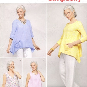 May include: Simplicity pattern 8603 features four different women's tops. The tops include a blue V-neck top with a pocket, a yellow long-sleeve top with a pocket, a floral print V-neck top, and a pink sleeveless top with a pocket. The pattern is for sizes XS-XL.
