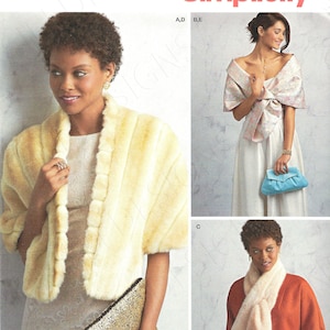 May include: Simplicity pattern 8530 features three different styles of women's garments. The image shows a woman wearing a faux fur wrap, a patterned shawl, and a faux fur scarf. The pattern includes sizes for all women.