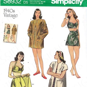 May include: Vintage Simplicity sewing pattern number S8932 for a 1940s style swimsuit with a wrap skirt and a jacket. The pattern includes instructions for sizes US 4-12, Talla Euro 30-36, Taille Fr. 32-40.