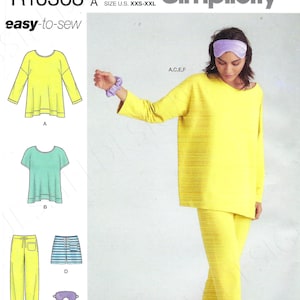 Puede incluir: Patrón de costura Simplicity R10368 con una parte superior y pantalones amarillos de manga larga, una parte superior turquesa de manga corta, pantalones cortos a rayas, una máscara para dormir y una goma para el pelo. Tallas XXS-XXL.