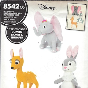 May include: A Simplicity pattern featuring plush toy designs of Disney characters Dumbo (11.25 inches), Bambi (18 inches), and Thumper (16 inches). The pattern includes a drawing of the characters and the text "1945 Vintage Dumbo Bambi & Thumper".
