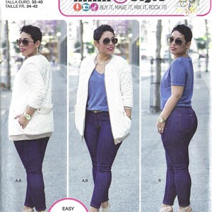 Könnte beinhalten: Ein Schnittmuster für eine weiße Jacke und eine blaue Jeans. Das Schnittmuster ist für die Größen 32-40. Das Schnittmuster ist von Simplicity und zeigt eine Frau, die die Jacke und die Jeans trägt. Das Schnittmuster heißt "mimi style" und der Text "Buy it, make it, mix it, rock it!" ist ebenfalls auf dem Schnittmuster.