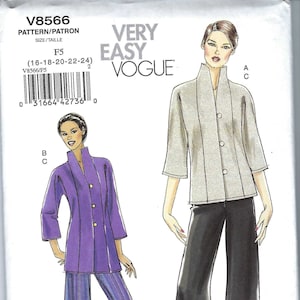 May include: A sewing pattern envelope labeled V8566 Very Easy Vogue featuring illustrations of two outfits. One shows a purple jacket with three buttons and striped wide-leg pants. The other shows a light gray jacket with three buttons and black pants.