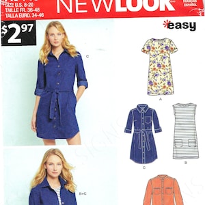 Uncut New Look Sewing Pattern 6449 Casual Belted Dress Sewing Pattern UNCUT Sizes 8, 10,12 14, 16, 18, 20 FF