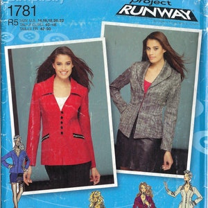 May include: Simplicity sewing pattern number 1781, inspired by Project Runway, for a jacket with different design variations. The pattern includes sizes US 14-22, Euro 40-48, and French 42-50. The price is $17.95.