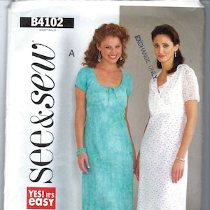 May include: A sewing pattern for two dresses. The pattern is for sizes 8, 10, and 12. The pattern is called "see & sew" and is labeled "B4102". The first dress is a light blue maxi dress with a scoop neck and short sleeves. The second dress is a white maxi dress with a scoop neck and short sleeves. The dress has a white polka dot pattern.