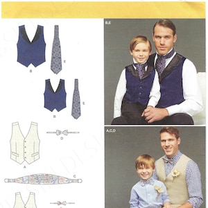 Uncut Sewing Pattern Simplicity 8023 Boys&#39; and Men&#39;s Lined Vest, Bow-Tie, Cummerbund and Ascot size s-l/s-xl FF