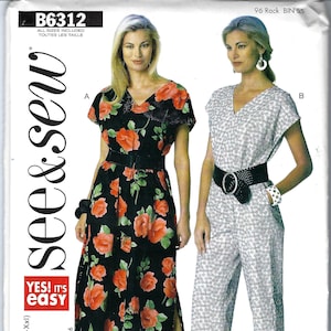 May include: A sewing pattern for two different styles of dresses. The first dress is a black and red floral print with a V-neck and short sleeves. The second dress is a white and black patterned jumpsuit with a V-neck and short sleeves. The pattern is labeled "B6312" and "see&sew".