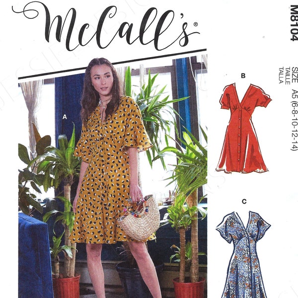 Uncut Mccalls sewing pattern 10616 8104 Misses Empire Waist Button Front Dresses with Dolman Sleeve and Length Variations sz 6-14 16-24 FF
