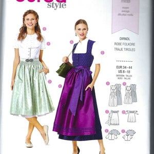 May include: A Burda Style sewing pattern for a Dirndl, a traditional Bavarian dress. The pattern includes illustrations of the dress and its components. The cover features two women wearing Dirndls, showcasing the design. The pattern includes sizes US 8-18.