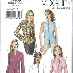 May include: Vogue basic design sewing pattern V7906. The pattern features illustrations of various blouses with button-up fronts. Styles include a sleeveless blue top, a pink long-sleeve blouse, and a leopard print blouse.