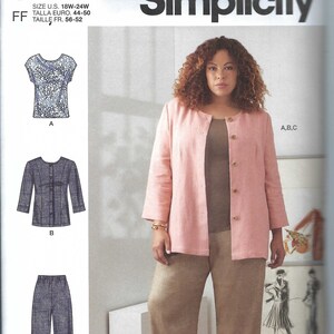 May include: Simplicity sewing pattern S9269 for women's clothing. The image shows a woman wearing a pink jacket, a brown top, and brown pants. The pattern includes options for a top, jacket, and pants. Size U.S. 18W-24W.