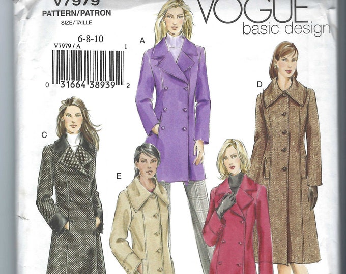 Uncut Vogue Sewing Pattern 7979 Misses' Coat Sizes 6-8-10 12-14-16 18 ...