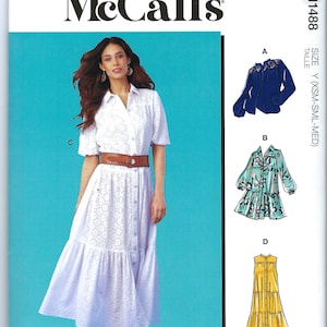 UNCUT Mccalls Sewing Pattern 11488 8285 womens dress and tops shirt dress, maxi dress, button front tops, size xs-M L-XXL FF