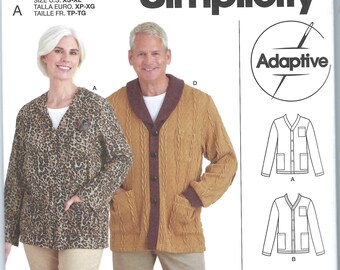 May include: A sewing pattern for a cardigan with a hook and loop closure. The pattern includes instructions for making a cardigan with a cable knit design and a contrasting collar. The pattern is from Simplicity and is labeled "Adaptive".