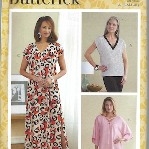 May include: Butterick sewing pattern B6769 for sizes S-M-L-XL. The envelope displays three garment variations: a floor-length dress with a red, black, and cream animal print, a short-sleeved top with a black and white pattern, and a pink tunic.