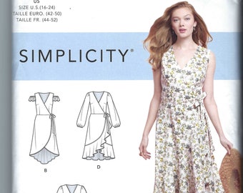 Uncut Simplicity sewing Pattern 8637 Misses-Misses Wrap with Side Tie Dress High Low Dress with Sleeve and Hem Variations size 6-14 16-24 FF