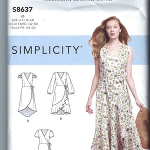 Uncut Simplicity sewing Pattern 8637 Misses-Misses Wrap with Side Tie Dress High Low Dress with Sleeve and Hem Variations size 6-14 16-24 FF