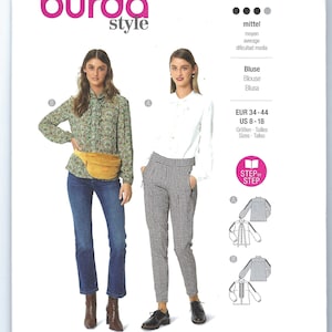 Pode incluir: Um padrão de costura para uma blusa com dois estilos de manga diferentes. O padrão é para os tamanhos EUR 34-44 e US 8-18. O padrão chama-se "burda style" e o número do padrão é 5981.