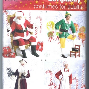 May include: Simplicity sewing pattern number 2542 for adult costumes. The pattern includes four different costumes: Santa Claus, an elf, a Mrs. Claus, and a Santa's helper. The pattern is for sizes XS, S, M.