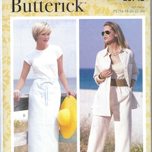 May include: A sewing pattern for a white skirt and pants set. The pattern is from Butterick and is size F5 (16-18-20-22-24). The pattern shows two models wearing the skirt and pants. The model on the left is wearing a white skirt with a drawstring waist and a white t-shirt. The model on the right is wearing white pants with a brown belt and a white shirt.
