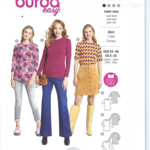 May include: A sewing pattern for a shirt, featuring three women wearing different versions of the shirt. The pattern is for sizes EUR 34-48 and US 8-22. The pattern is labeled "burda easy" and "super easy".