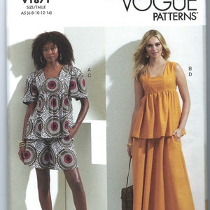 May include: Vogue Patterns sewing pattern for two different styles of dresses. The first dress is a black and white patterned short-sleeved top with matching shorts. The second dress is a solid yellow sleeveless dress with a gathered bodice and a long skirt.