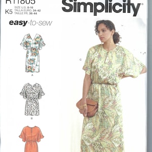 May include: A sewing pattern for a dress with three different styles. The pattern is for sizes US 8-16, Euro 34-42, and French 36-44. The pattern is called "Simplicity" and the pattern number is R11805. The dress is shown in three different fabrics: a floral print, a leopard print, and a solid orange.