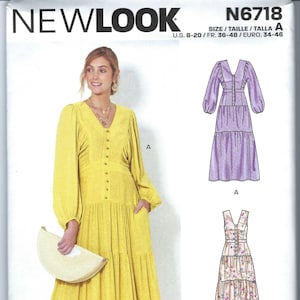 Uncut New Look Sewing Pattern Dress Misses New Look 6718 Uncut dress pattern, Size 8-20 Maxi dress,Long sleeve boho tiered V-neck FF