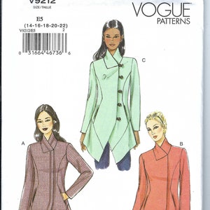 May include: Vogue Patterns E5 sewing pattern for jackets. The pattern features three jacket designs with asymmetrical hemlines and collar variations. The pattern includes sizes 14-16-18-20-22. The Vogue Patterns logo is visible.