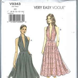 Uncut vogue sewing pattern Womens Dress Deep V Front Halter w/Length Options 9343 Size 6 8 10 12 14 or 14 16 18 20 22 FF