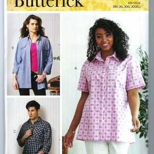 May include: A sewing pattern for a shirt with three different styles. The pattern is for sizes XL-XXL-XXXL. The pattern is from Butterick and is called R11074.