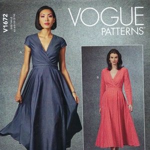 May include: Two women's dress patterns, Vogue Patterns V1672. The pattern on the left is a blue denim dress with short sleeves and a V-neck. The pattern on the right is a red and white striped dress with long sleeves and a V-neck.