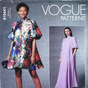 Uncut vogue sewing pattern 10641 1723 Loose-Fitting Lined Pullover Dress Stand Up Collar Side Seam Pockets Sz 8-16 or 16-24 FF