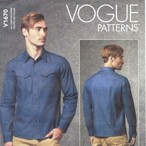 May include: Vogue Patterns sewing pattern for a denim shirt. The pattern features a long-sleeved shirt with two chest pockets. The pattern includes the text "Vogue Patterns" and "Ron Collins".